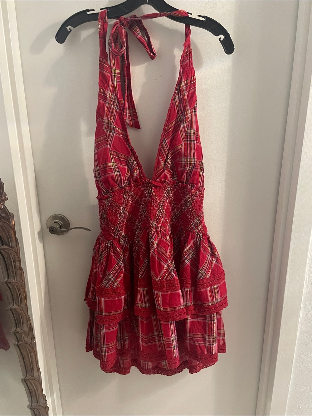 NWT Love shack Fancy XXL Cheery Red Deanna Tartan Halter Gold 
 Mini Dress $325